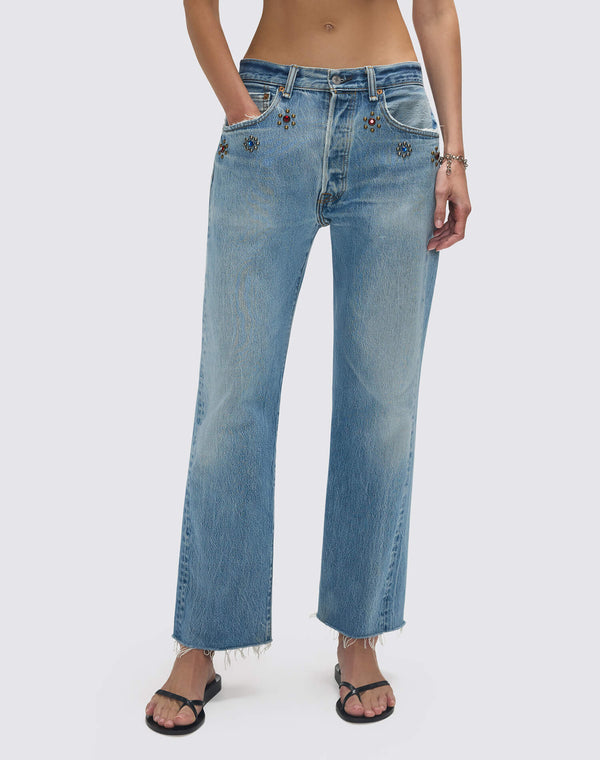 Re Done Studded Boyfriend Jean Indigo Bloom Stud