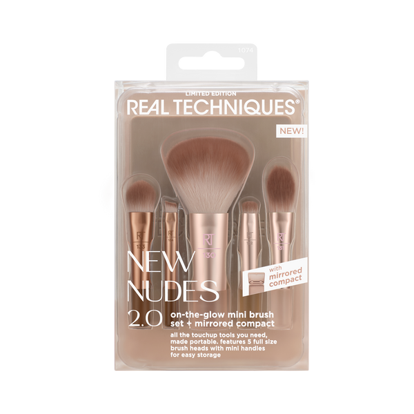 Real Techniques New Nudes 2.0 On-The-Glow Mini Brush Set + Mirrored Compact
