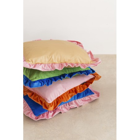 Really Nice Things Ruffle Velvet Pink Rose Cushion - Blue