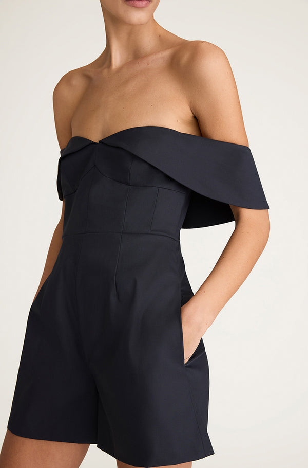 Rebecca Taylor Cotton Sateen Draped Shoulder Romper