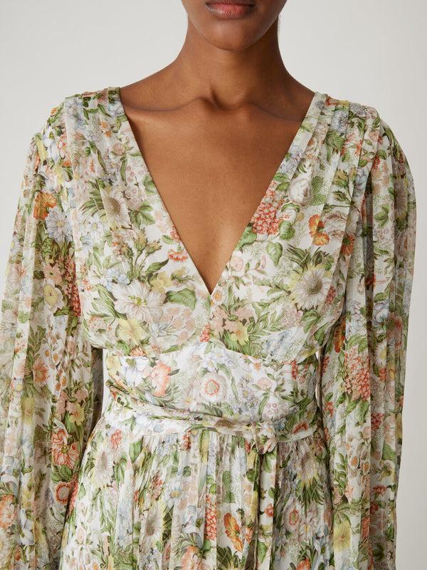 Rebecca Taylor Floral All Over On Viscose Chiffon Blouson Sleeve Midi Dress
