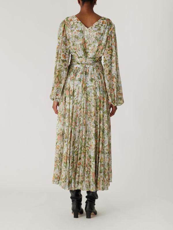Rebecca Taylor Floral All Over On Viscose Chiffon Blouson Sleeve Midi Dress