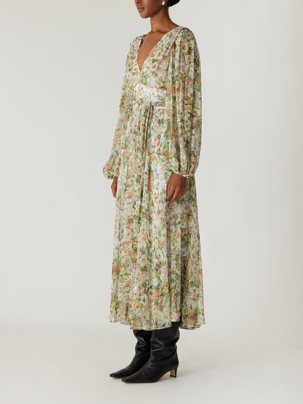 Rebecca Taylor Floral All Over On Viscose Chiffon Blouson Sleeve Midi Dress