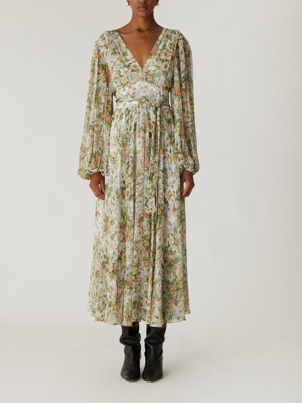 rebecca taylor Floral All Over On Viscose Chiffon Blouson Sleeve Midi Dress
