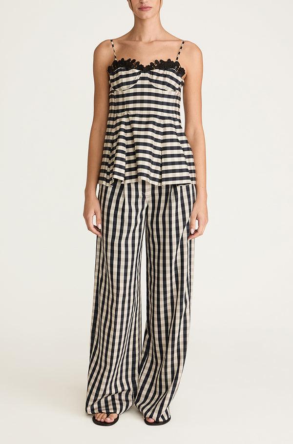 Rebecca Taylor Gingham Twill Embroidered Bustier Tank