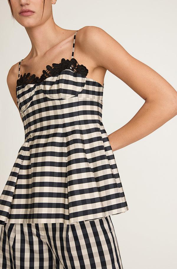 Rebecca Taylor Gingham Twill Embroidered Bustier Tank
