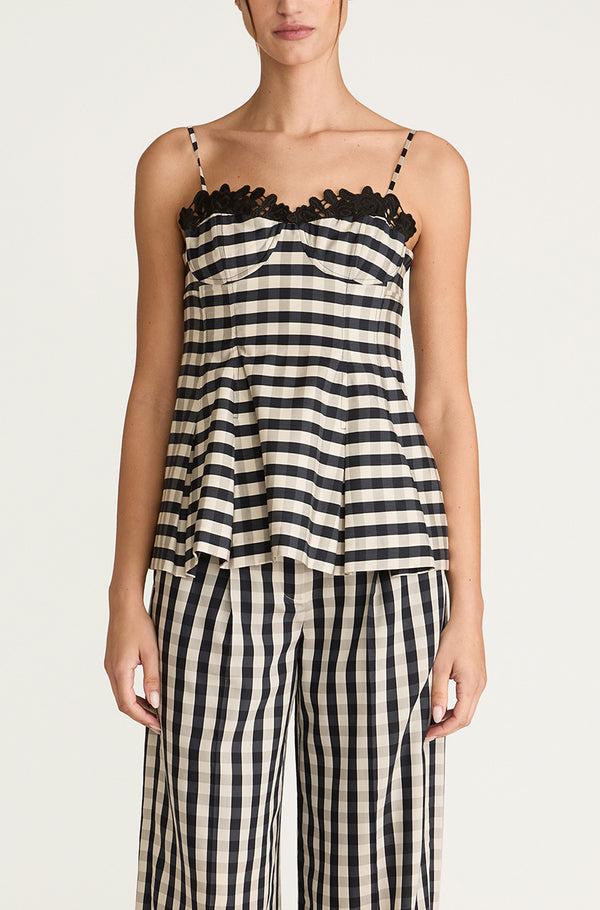 rebecca taylor Gingham Twill Embroidered Bustier Tank
