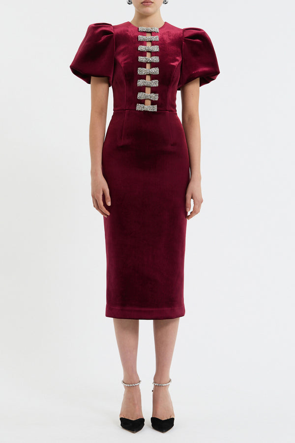 Rebecca Vallance Edwiena Puff Sleeve Bow Midi Dress