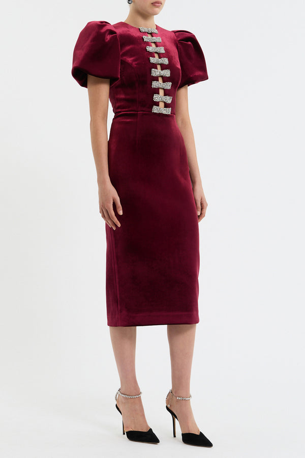 Rebecca Vallance Edwiena Puff Sleeve Bow Midi Dress