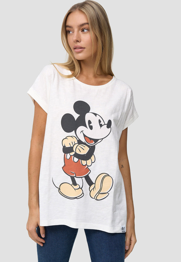 recovered clothing Disney Mickey Mouse Faded Vintage Poster Ecru Womens Boyfriend T-Shirt