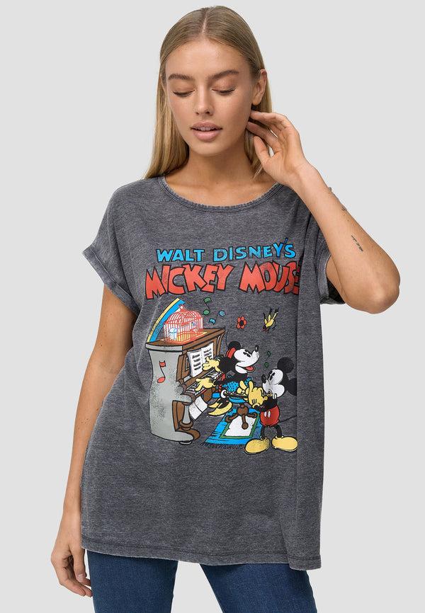 recovered clothing Disney Mickey Mouse & Minnie Vintage Poster Charcoal Womens Boyfriend T-shirt recovered clothing Disney Mickey Mouse & Minnie Vintage Poster Charcoal Womens Boyfriend T-shirt