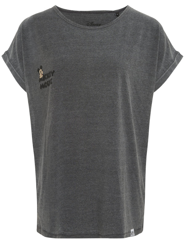 Recovered Clothing Disney Mickey Mouse Off Centre Print Grey Marl Womens Boyfriend T-Shirt