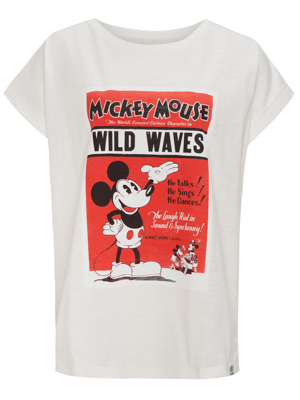 Recovered Clothing Disney Mickey Mouse Wild Waves Vintage Poster Ecru Womens Boyfriend T-Shirt