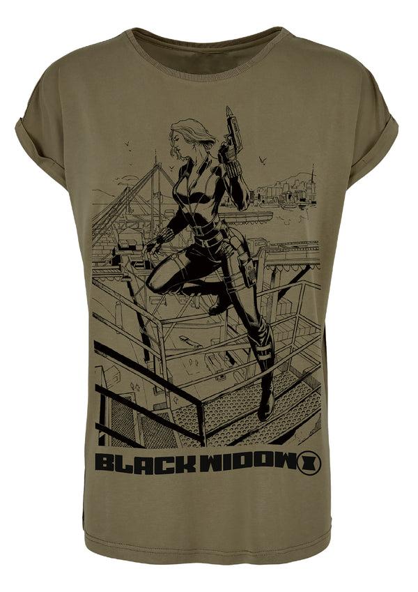 Recovered Clothing Marvel Black Widow Sketch Print Khaki Womens Boyfriend T-Shirt