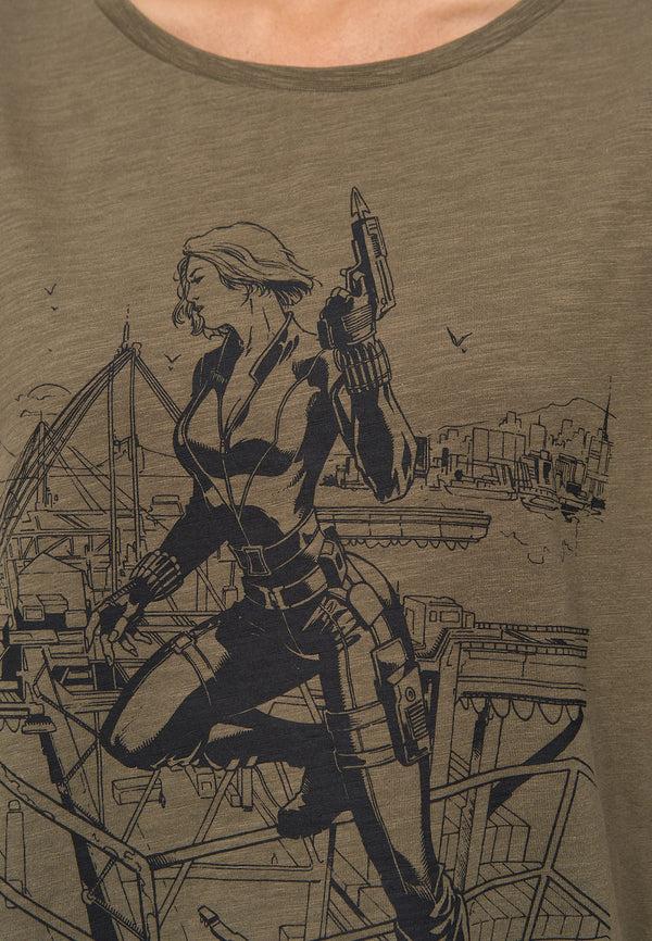 Recovered Clothing Marvel Black Widow Sketch Print Khaki Womens Boyfriend T-Shirt