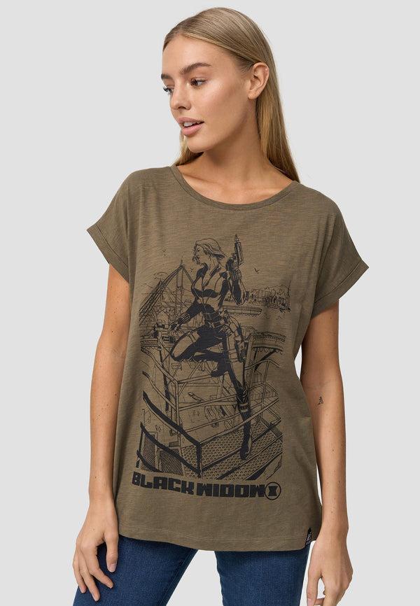 recovered clothing Marvel Black Widow Sketch Print Khaki Womens Boyfriend T-Shirt