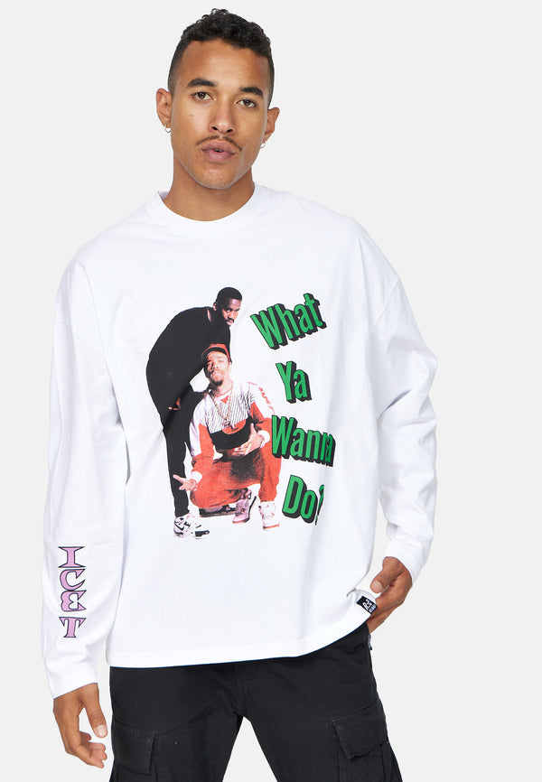 recovered clothing Unisex Ice T What Ya Wanna Do Retro Oversized L/S White T-Shirt