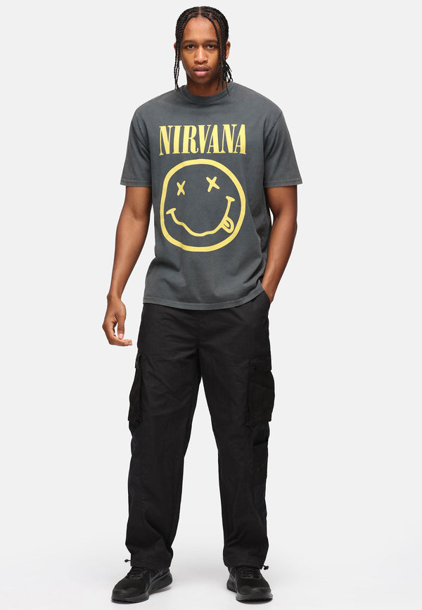 Recovered Clothing Unisex Nirvana Yellow Logo Black Washed Relaxed T-shirt