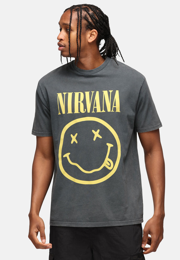 recovered clothing Unisex Nirvana Yellow Logo Black Washed Relaxed T-shirt recovered clothing Unisex Nirvana Yellow Logo Black Washed Relaxed T-shirt