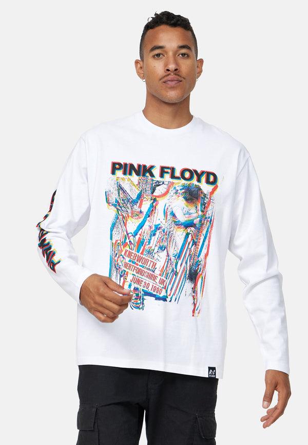 recovered clothing Unisex Pink Floyd Abstract Coloured Print Relaxed L/S White T-Shirt
