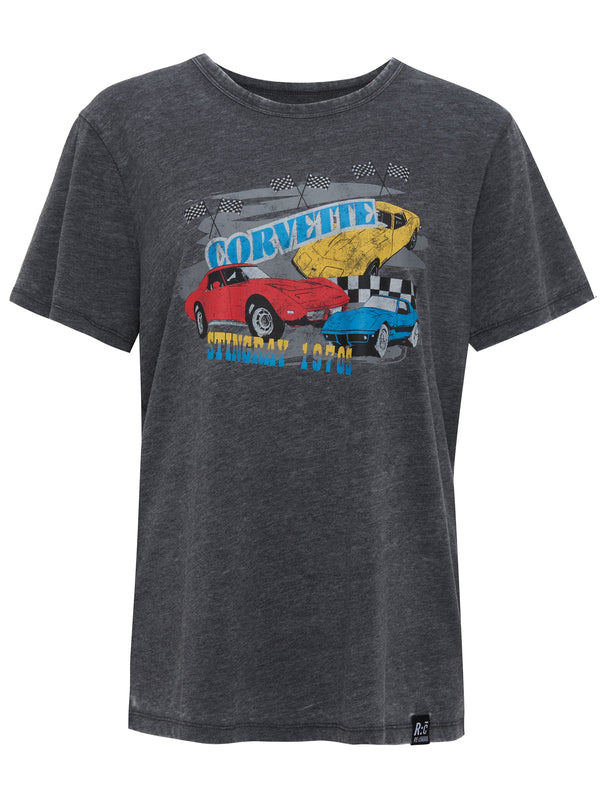 Recovered Clothing Vintage Corvette Multiple Cars Print Charcoal Womens Fitted T-Shirt