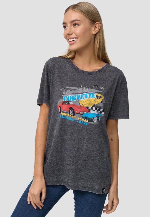 recovered clothing Vintage Corvette Multiple Cars Print Charcoal Womens Fitted T-Shirt