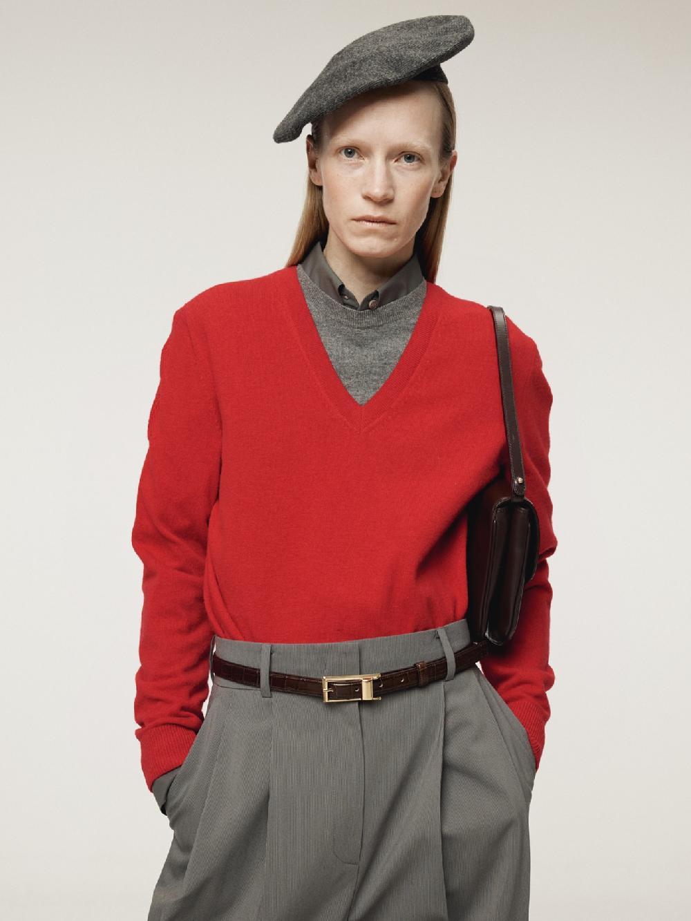 recto CONTRAST LAYERED V-NECK KNIT TOP (RED)