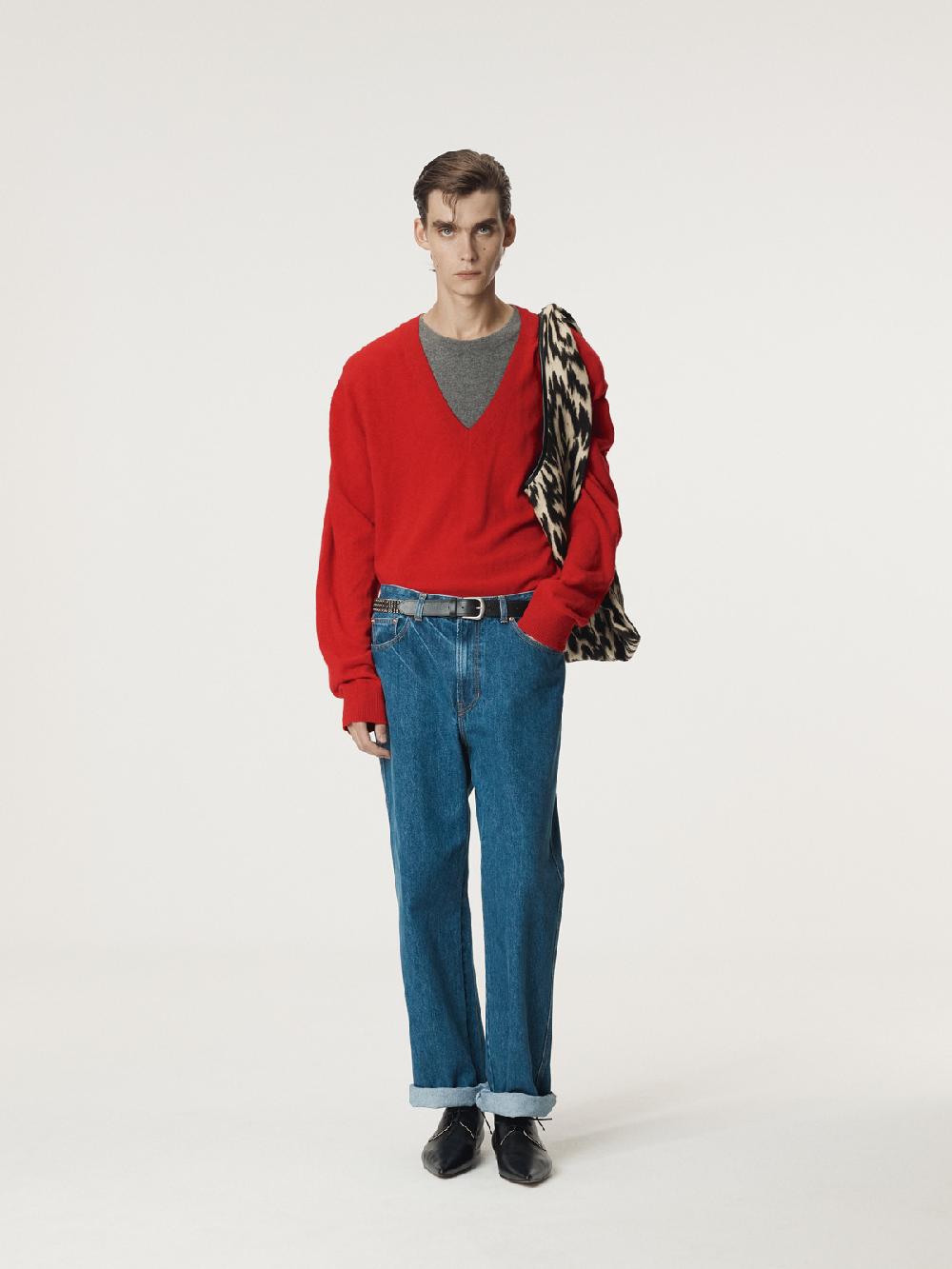 Recto CONTRAST LAYERED V-NECK KNIT TOP (RED)