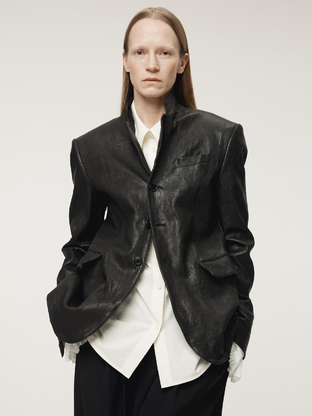 recto CRINKLED LEATHER SINGLE JACKET (BLACK)