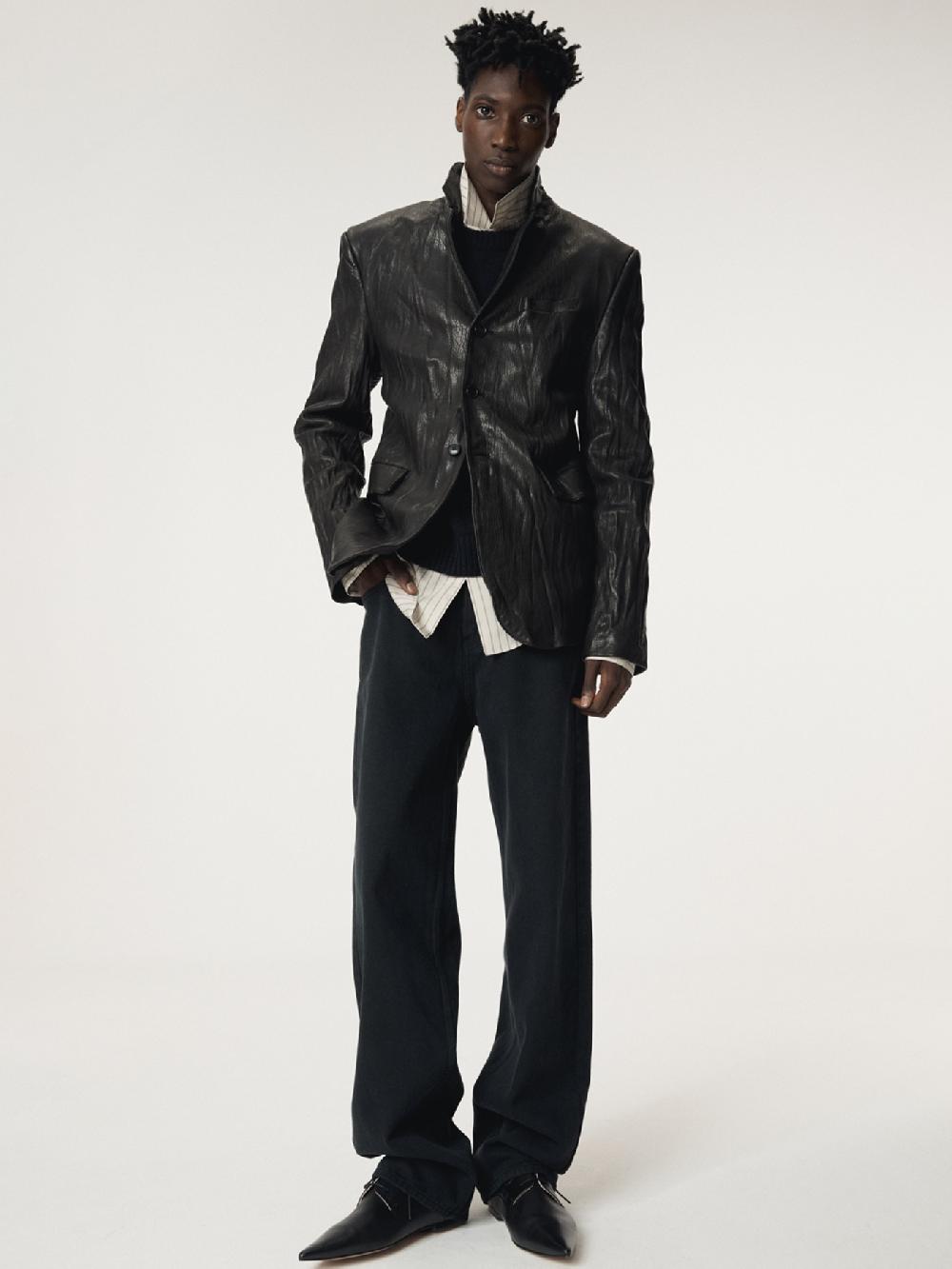 recto CRINKLED LEATHER SINGLE JACKET (BLACK)