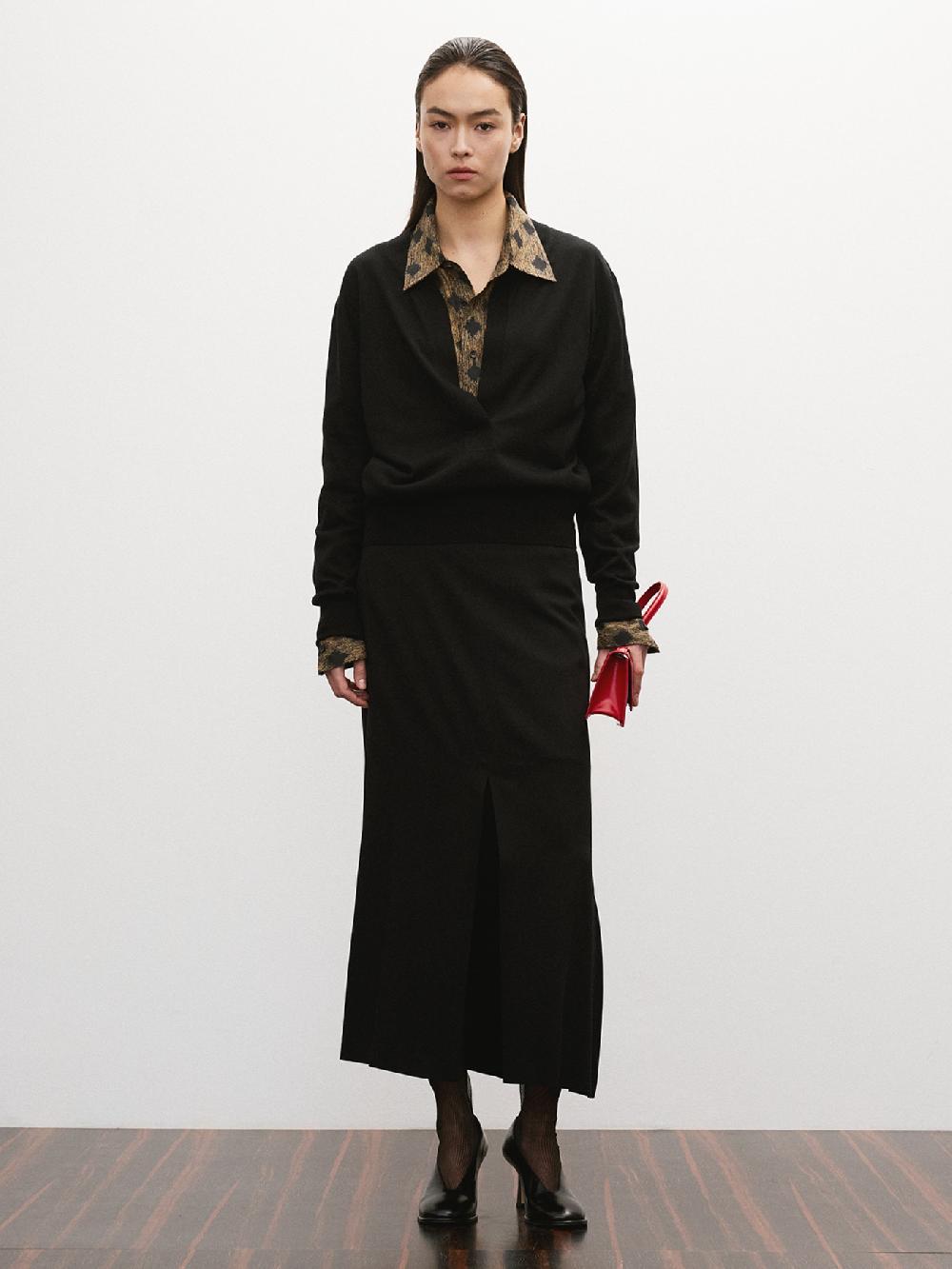 recto FRONT SLIT LONG SKIRT (BLACK)