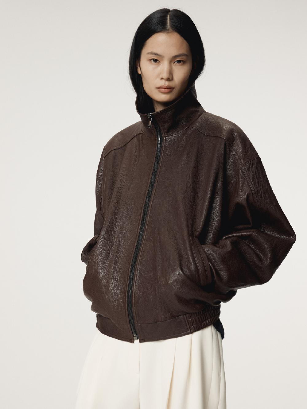 Recto HIGH-NECK LEATHER JUMPER (BROWN)