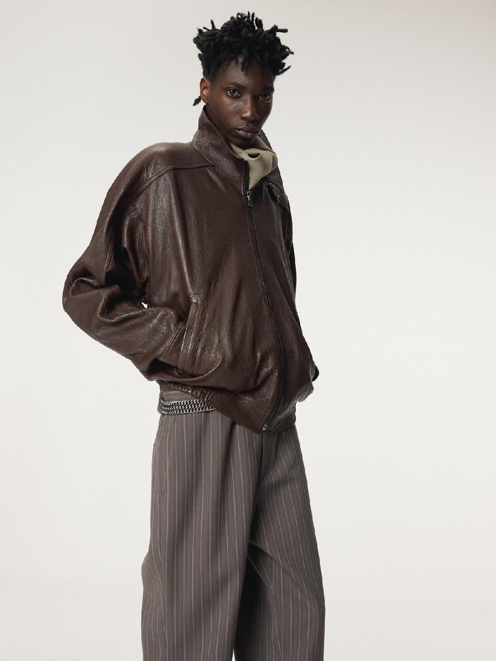 Recto HIGH-NECK LEATHER JUMPER (BROWN)