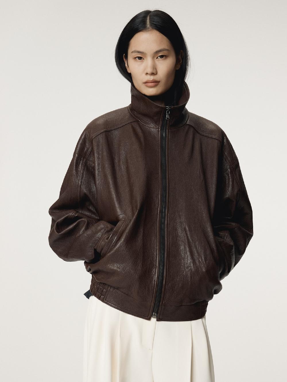 recto HIGH-NECK LEATHER JUMPER (BROWN)