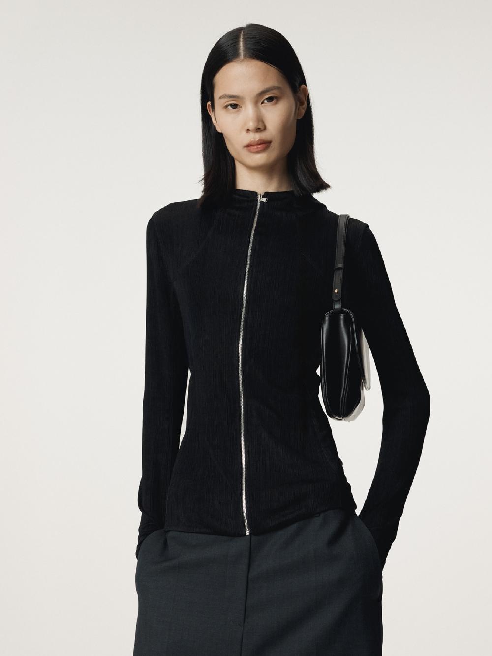 recto SHEER JERSEY FITTED ZIP HOODIE (BLACK)