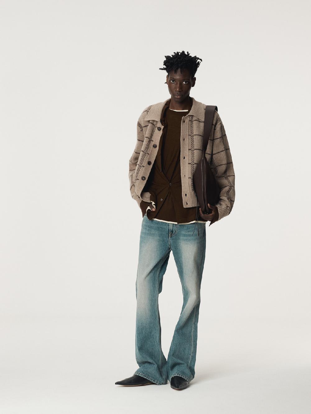 Recto SQUARE JAQUARD COLLAR CARDIGAN (SEPIA BEIGE)