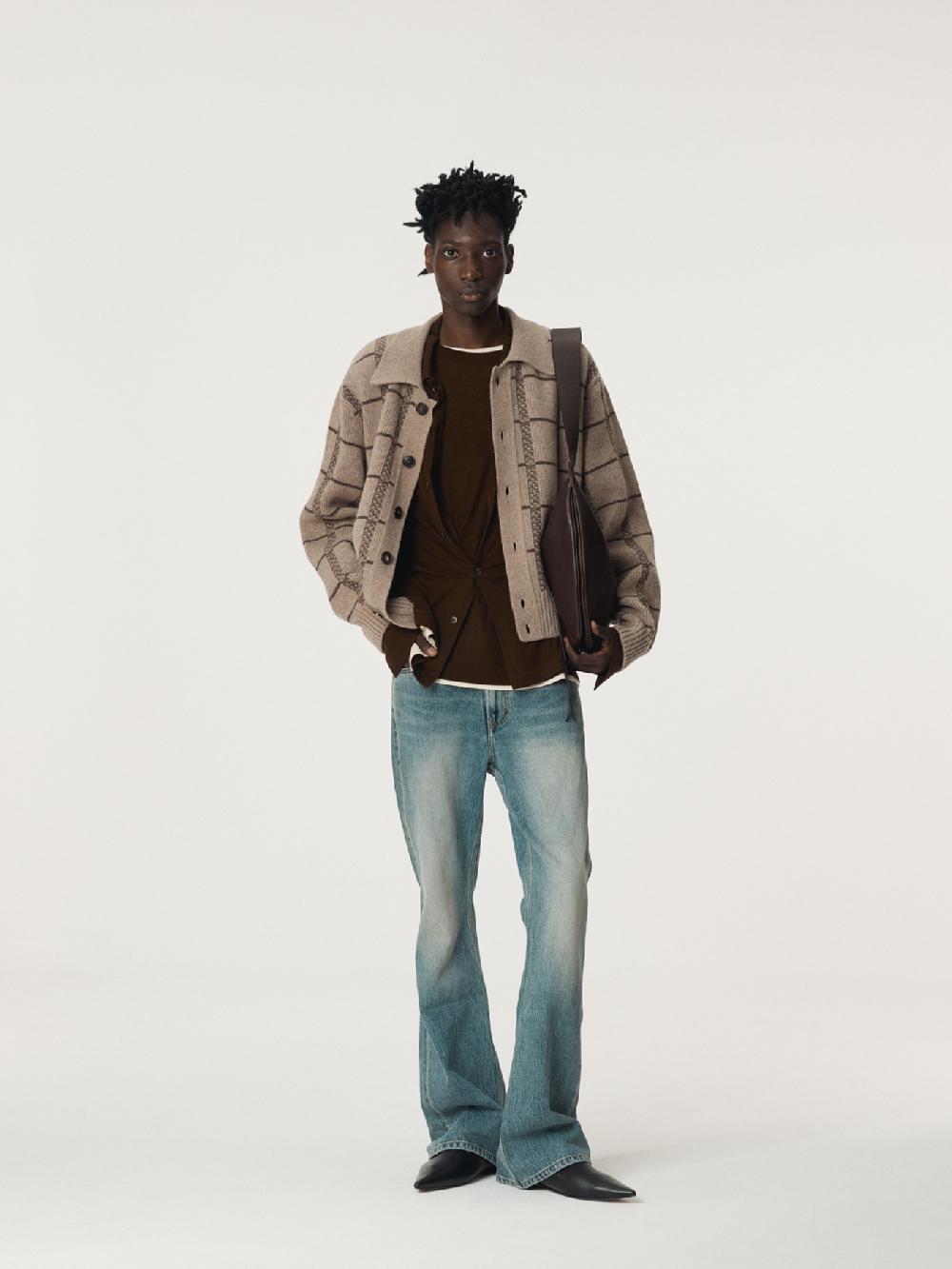 recto SQUARE JAQUARD COLLAR CARDIGAN (SEPIA BEIGE)