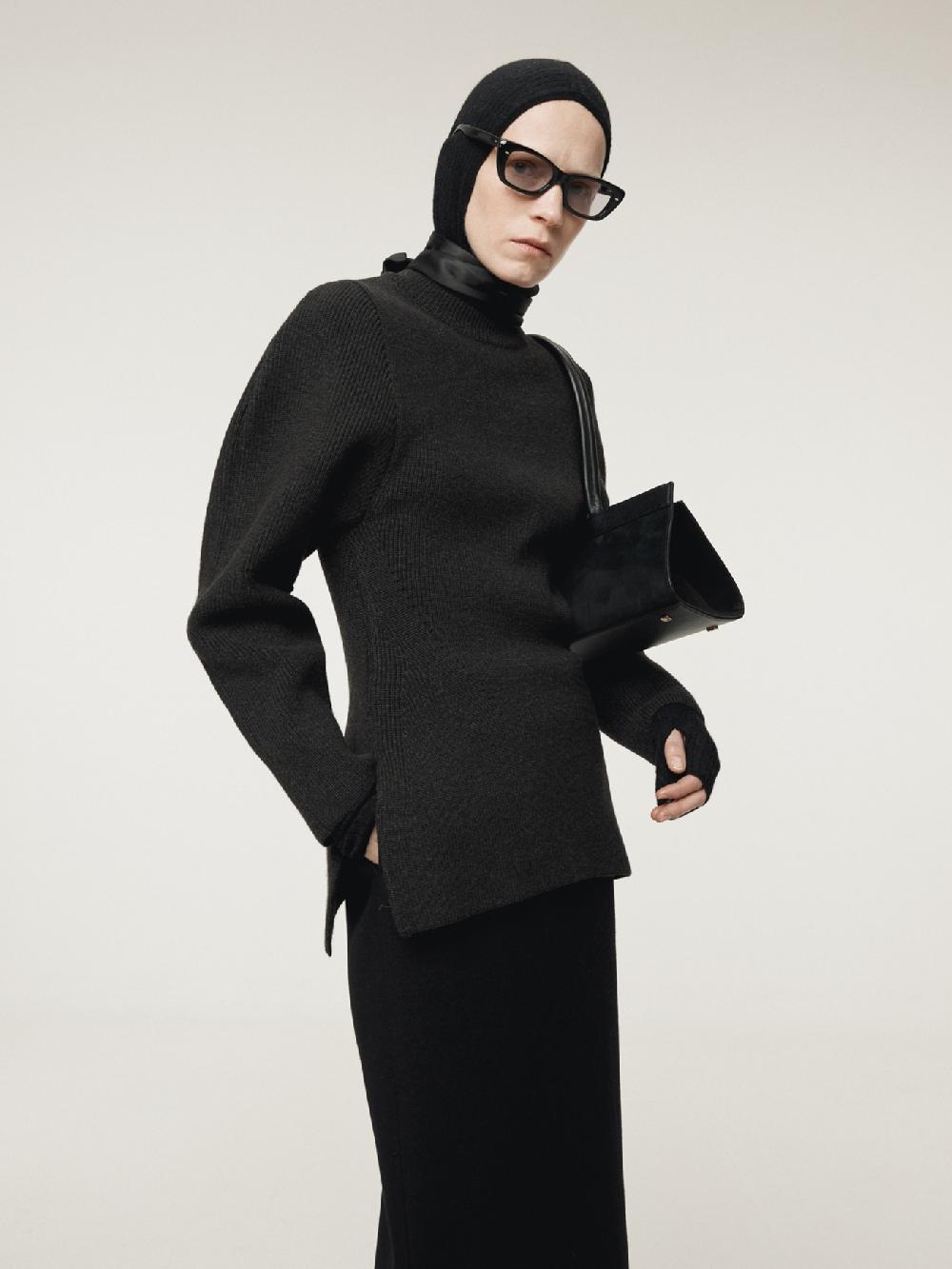 recto VOLUME SLEEVE STRUCTURED KNIT TOP (CHARCOAL GREY)