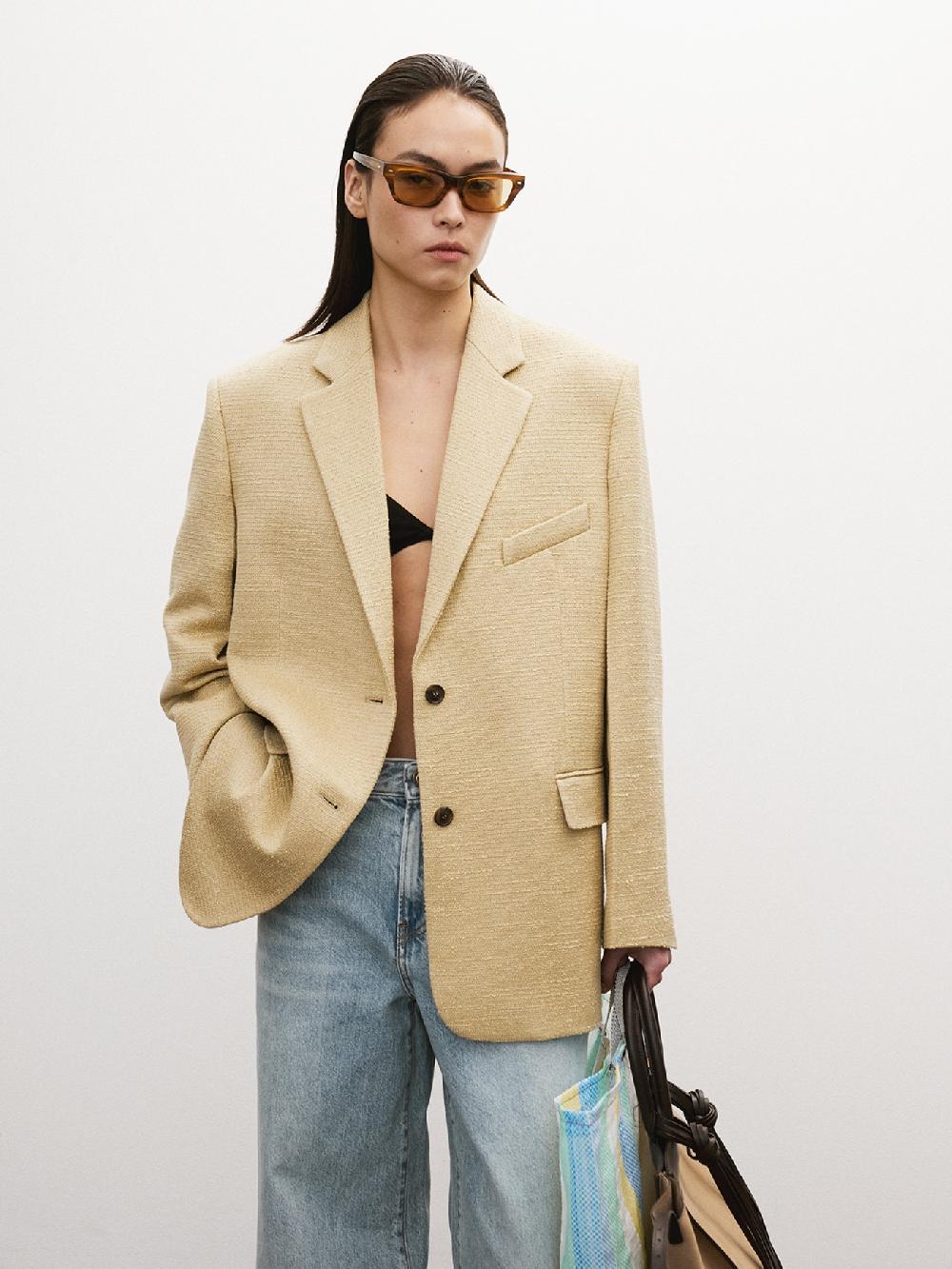 recto WOMENS OVERSIZE SINGLE BREASTED TWEED JACKET (KHAKI BEIGE)