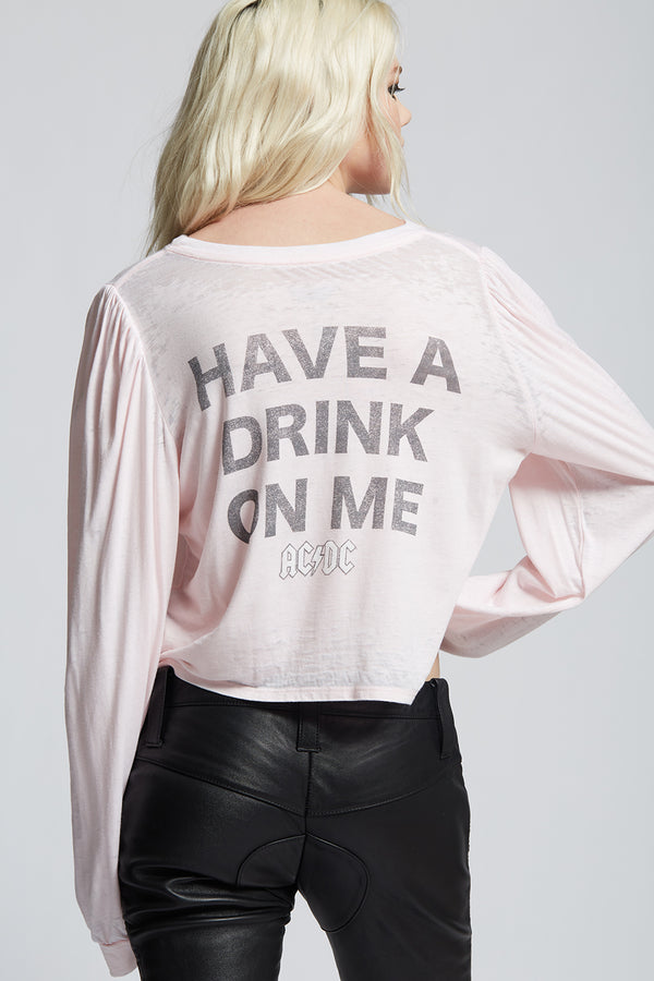 Recycled Karma AC/DC Have A Drink On Me Cropped Long Puff Sleeve