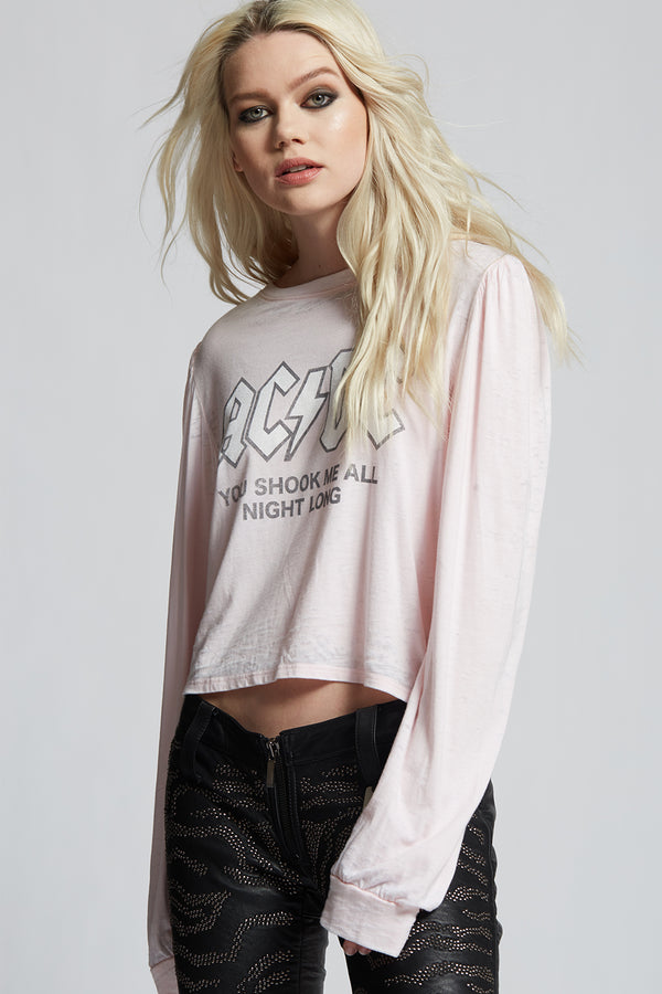 Recycled Karma AC/DC Have A Drink On Me Cropped Long Puff Sleeve