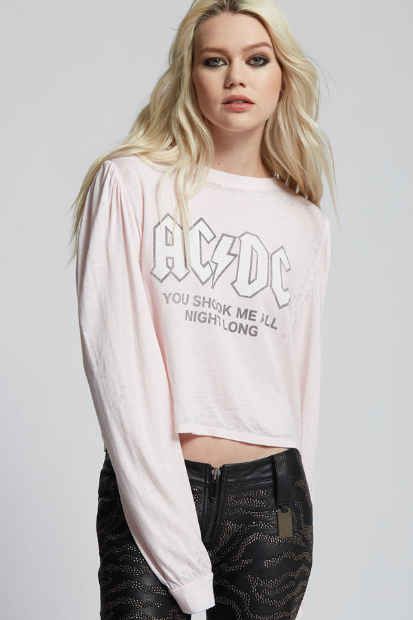 recycled karma AC/DC Have a Drink On Me Cropped Long Puff Sleeve