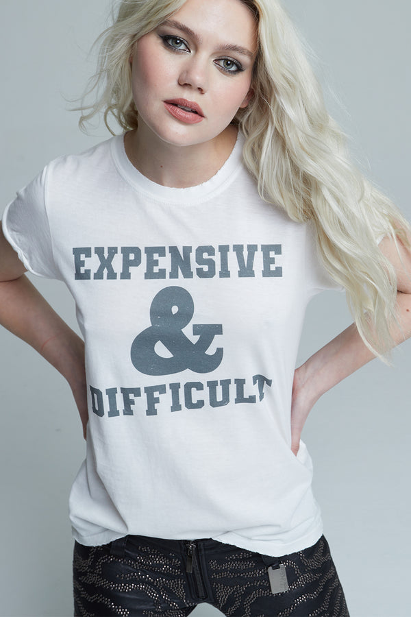 Recycled Karma Expensive & Difficult Fitted White Graphic Tee