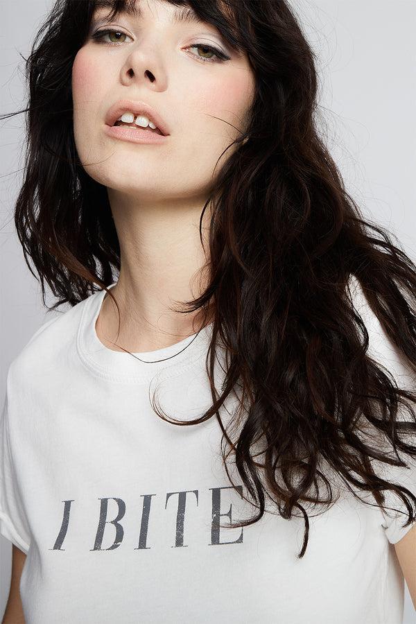 Recycled Karma I Bite Fitted White Minimalist Statement Tee