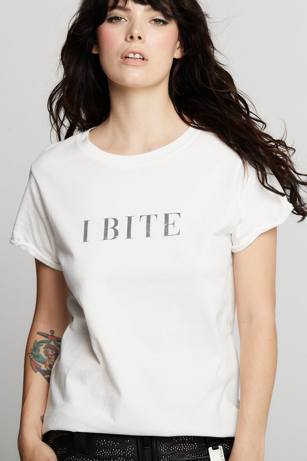 Recycled Karma I Bite Fitted White Minimalist Statement Tee