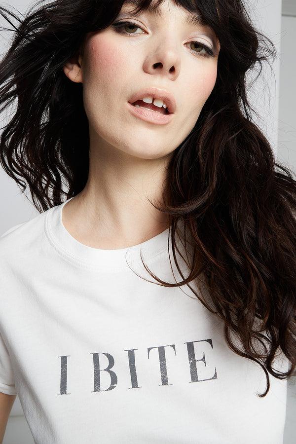 Recycled Karma I Bite Fitted White Minimalist Statement Tee