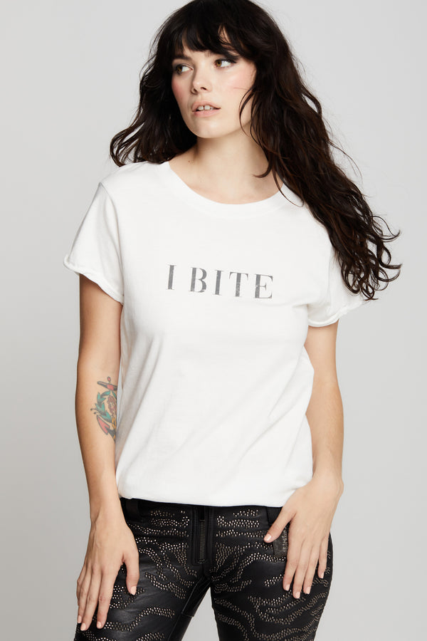 recycled karma I Bite Fitted White Minimalist Statement Tee