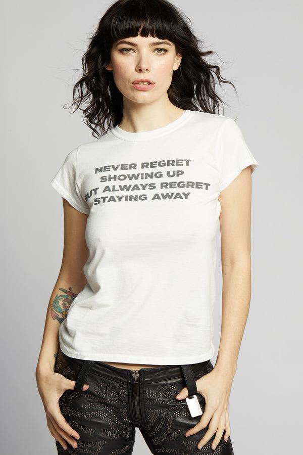 recycled karma Never Regret Fitted White Statement Baby Tee