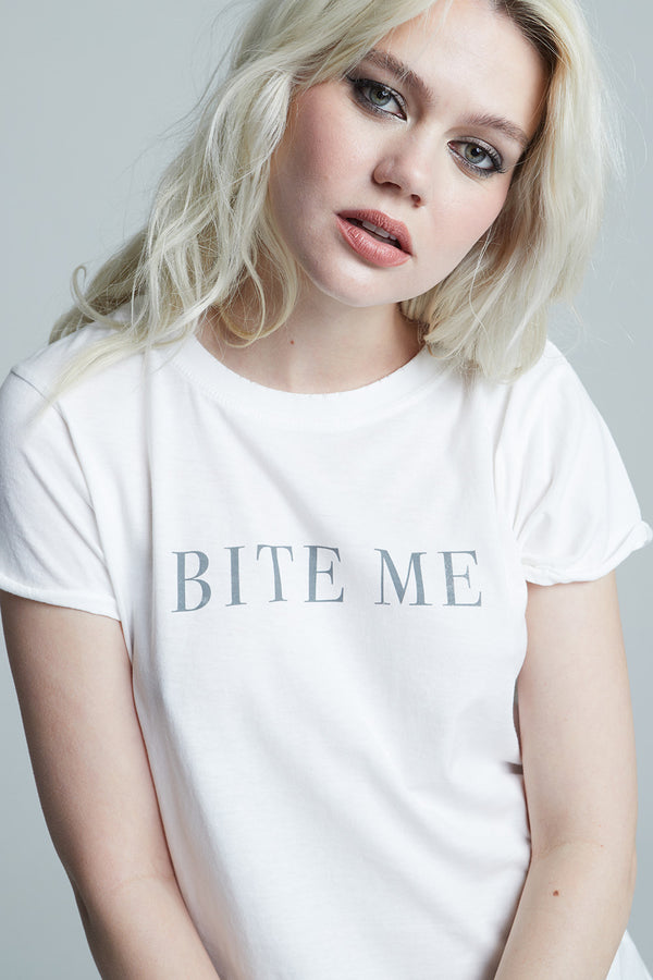 Recycled Karma Bite Me White Fitted Minimalist Tee