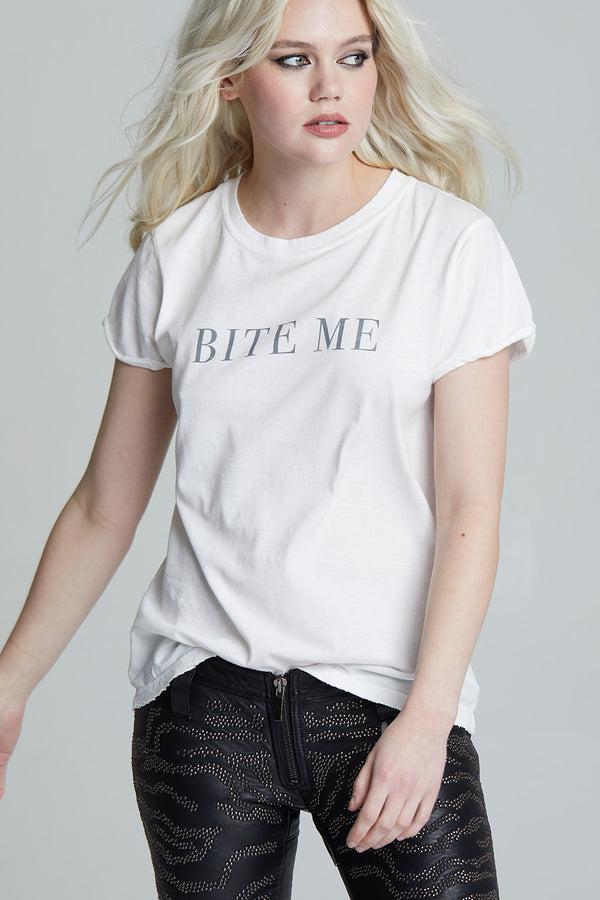 Recycled Karma Bite Me White Fitted Minimalist Tee